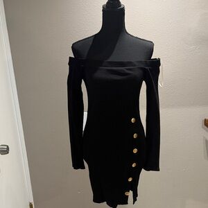 Elegant Black Off-Shoulder Dress with Gold Accents